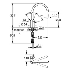 Maattekening Grohe Eurosmart Cosmopolitan keukenmengkraan