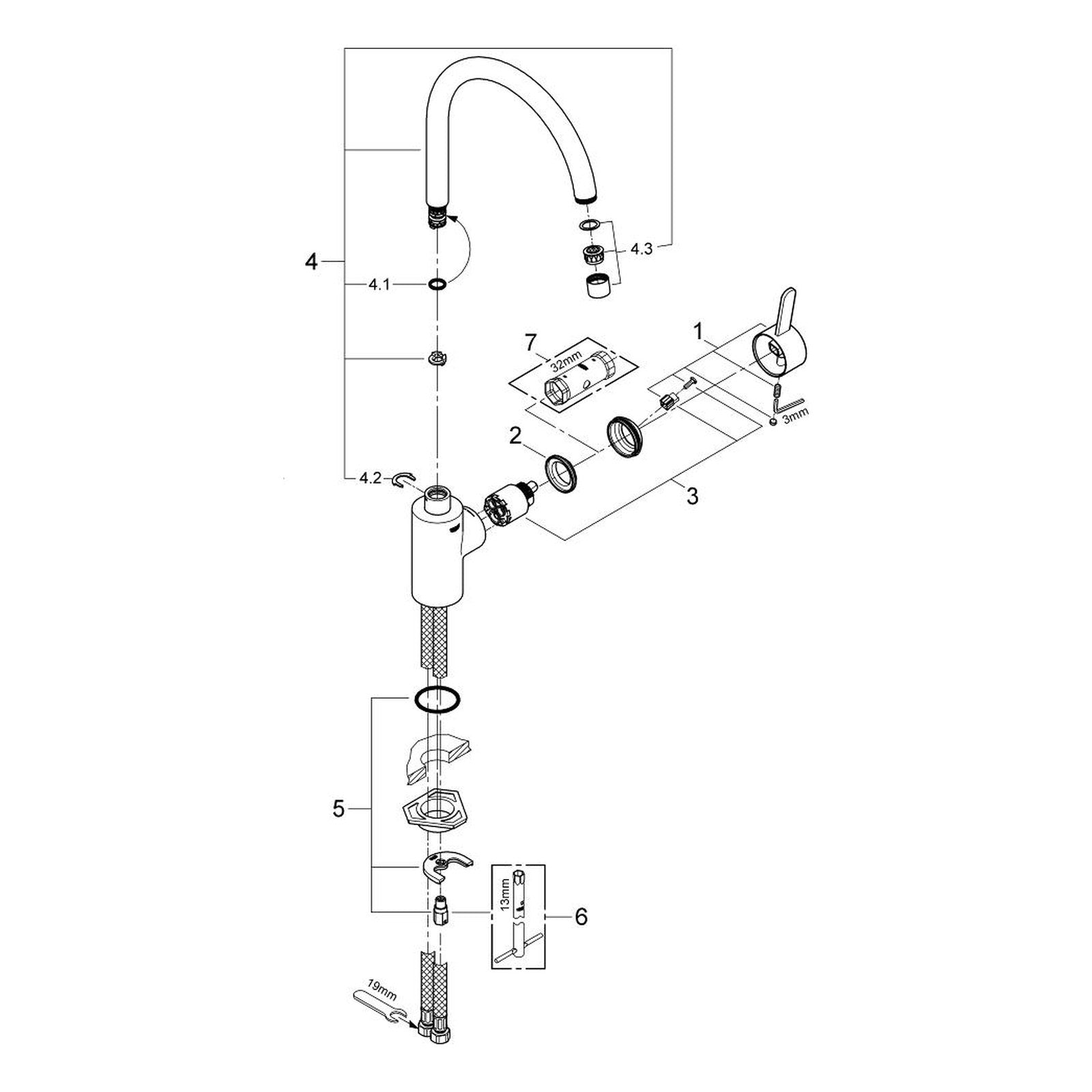 Onderdelentekening Grohe Eurosmart Cosmopolitan keukenmengkraan 2012–2013
