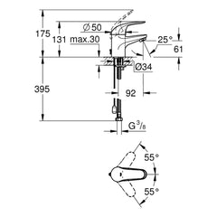 Maattekening Grohe EuroPro wastafelmengkraan S-Size