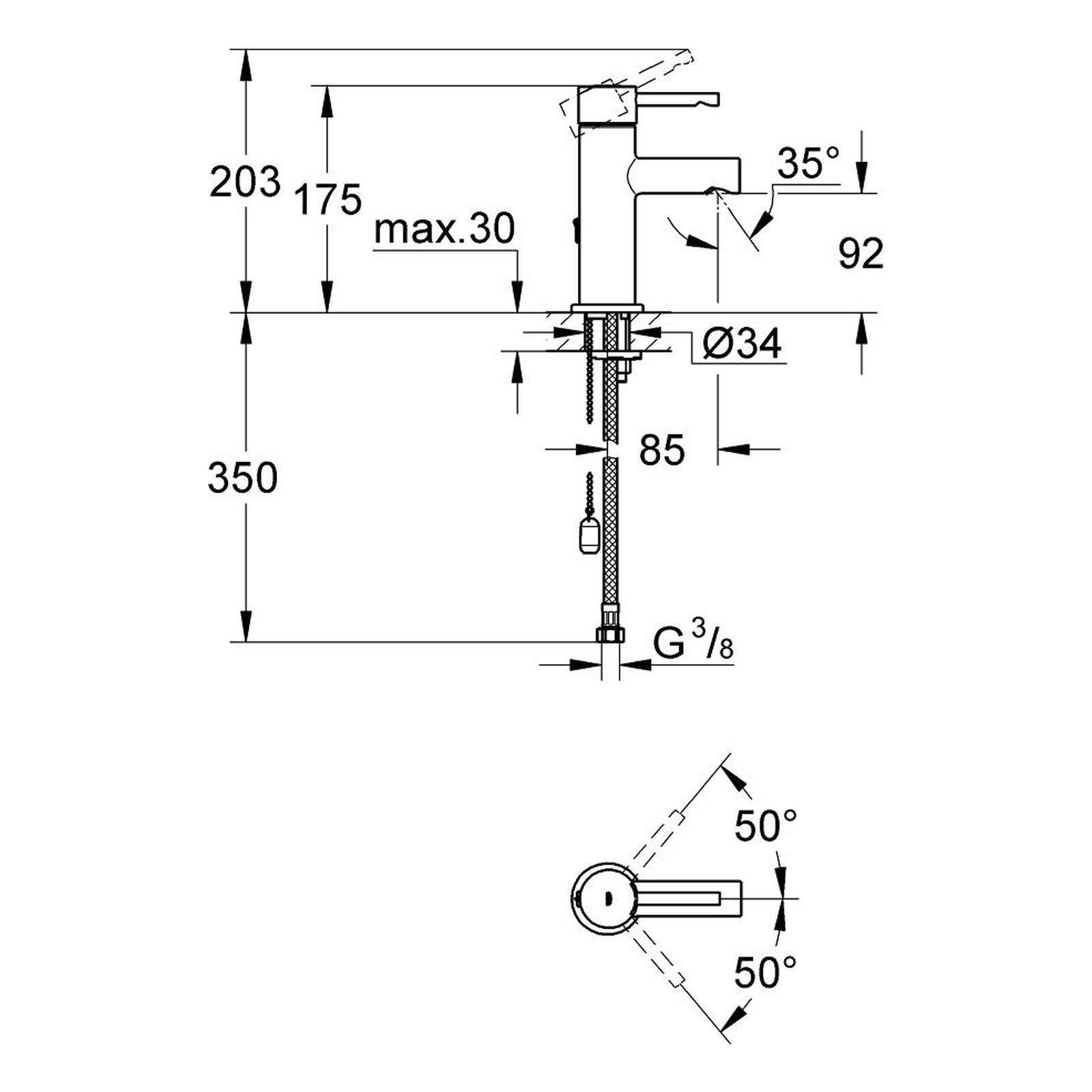 Maattekening Grohe Essence wastafelmengkraan S-Size