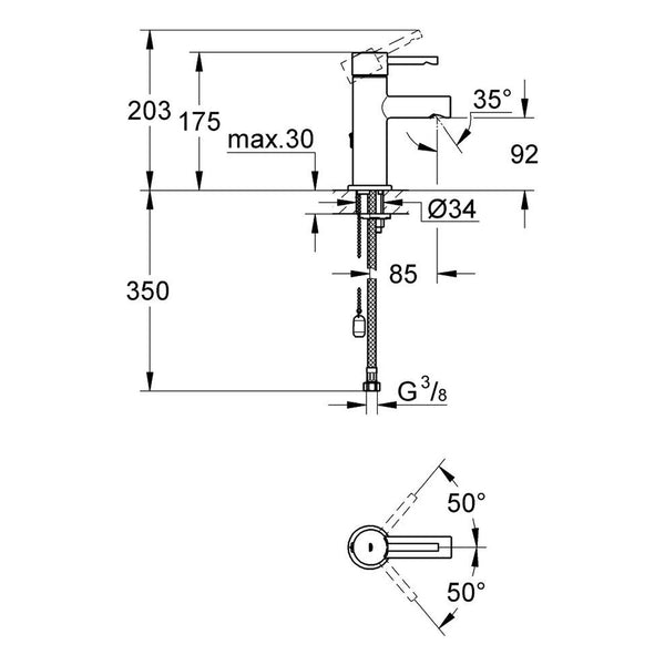 Maattekening Grohe Essence wastafelmengkraan S-Size