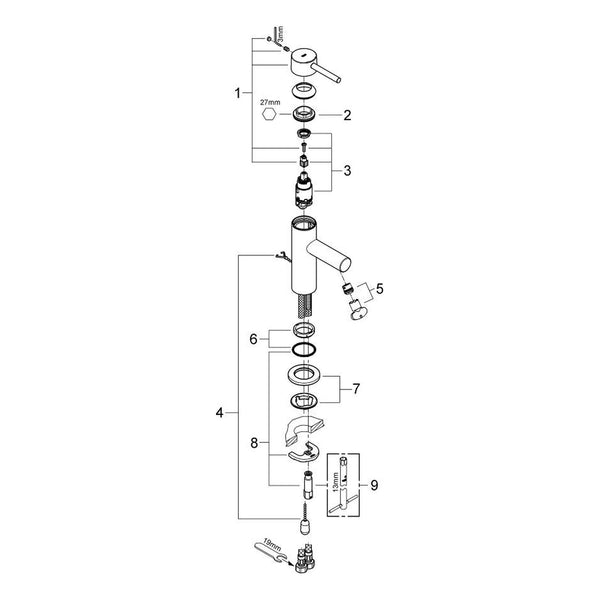 Onderdelentekening Grohe Essence wastafelmengkraan S-Size