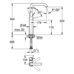 Maattekening Grohe Essence wastafelmengkraan XL-Size