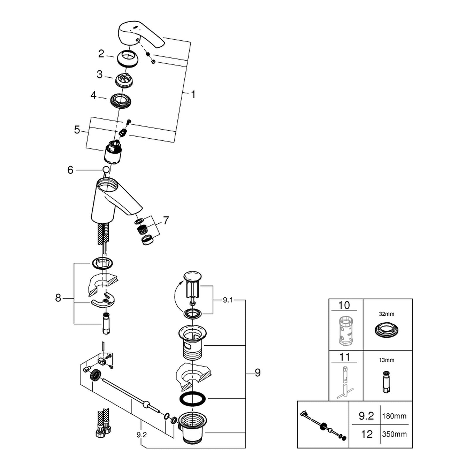 Onderdelentekening Grohe Eurosmart wastafelmengkraan S-Size 2013–2017