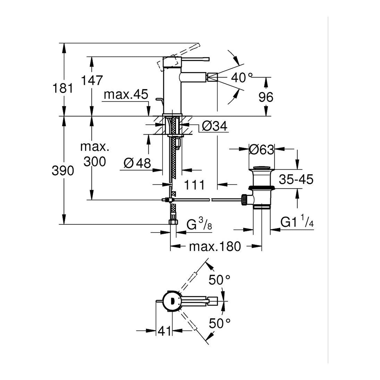 Maattekening Grohe Essence bidetmengkraan S-Size