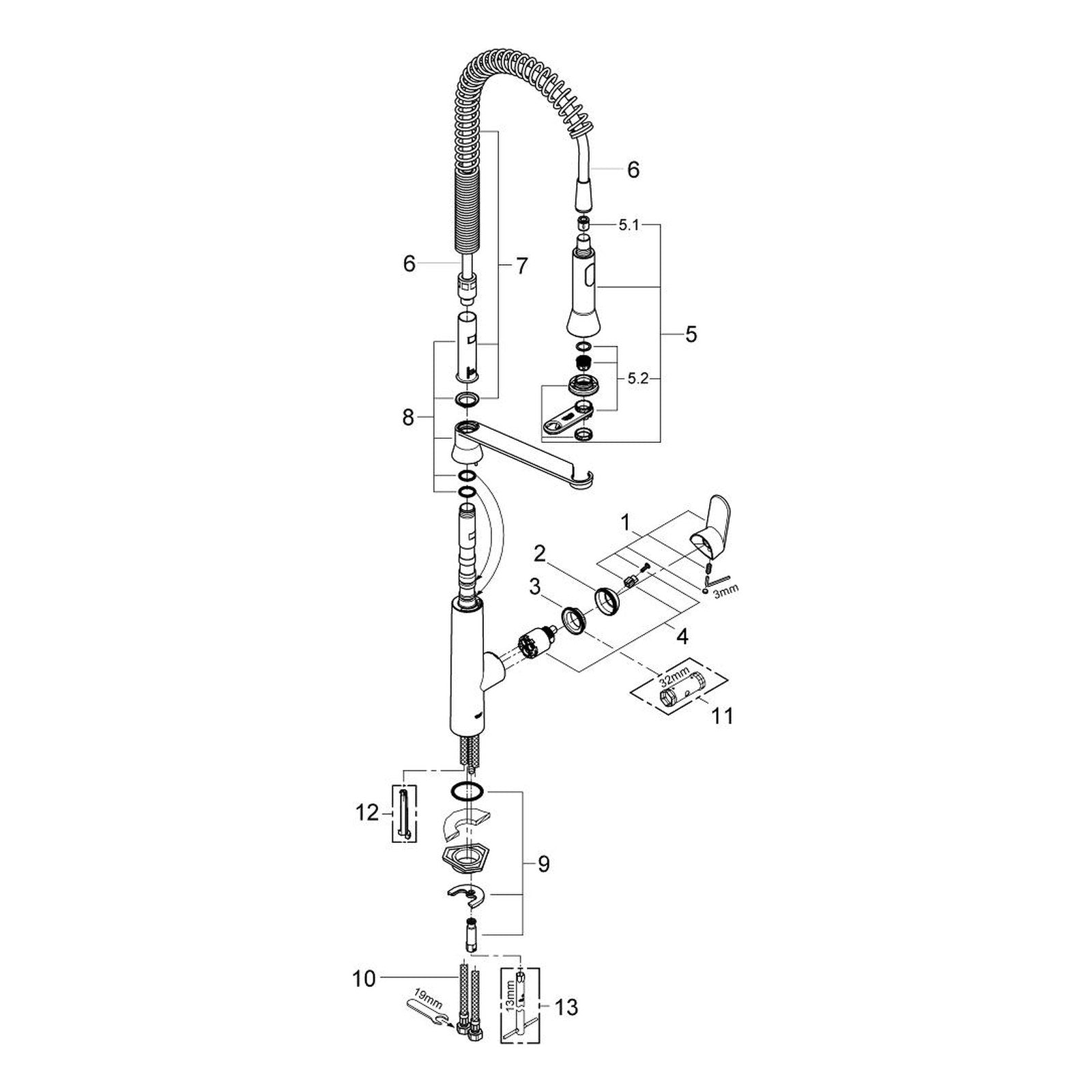 Onderdelentekening Grohe K7 keukenmengkraan 2009–2013