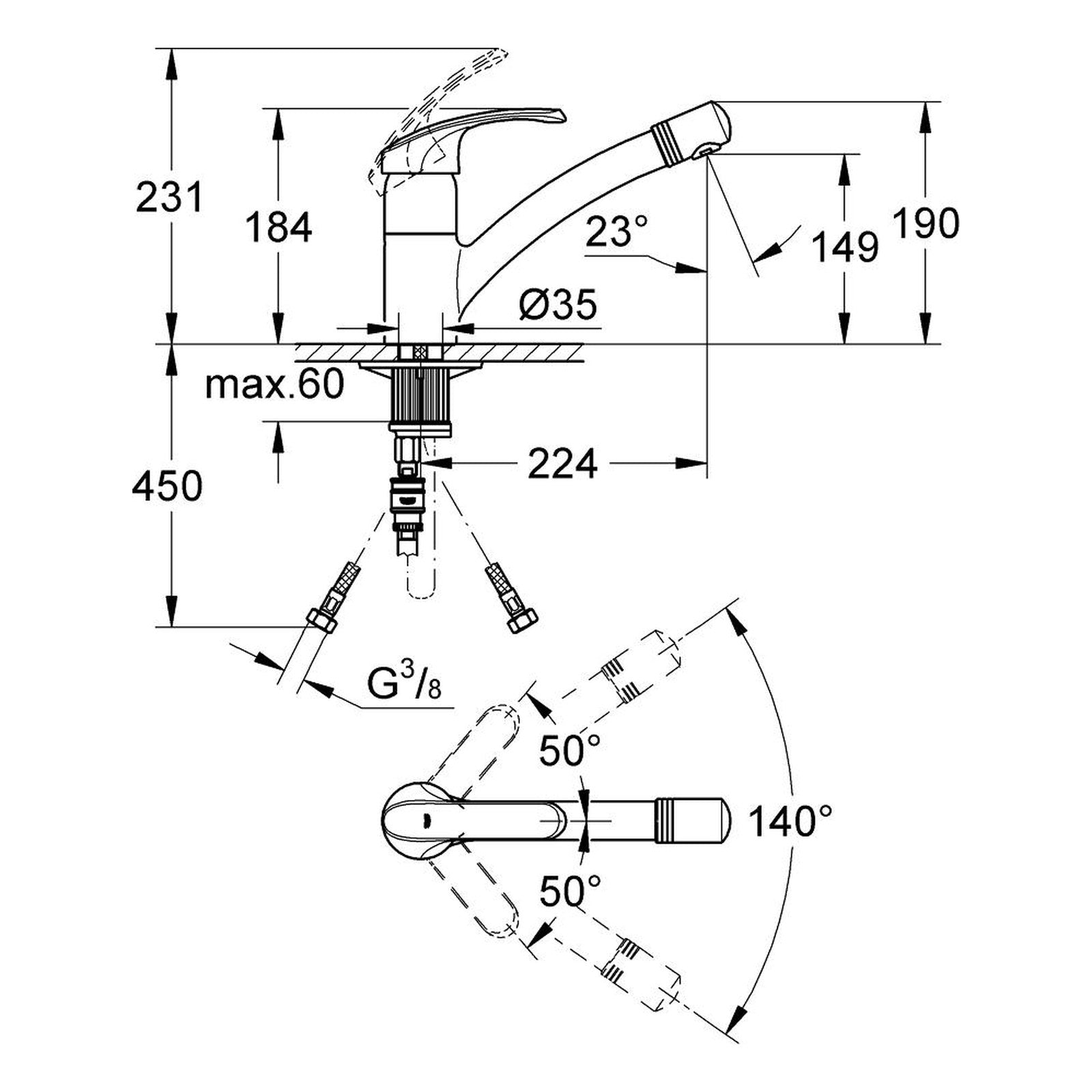 Maattekening Grohe Alira keukenmengkraan