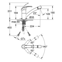 Maattekening Grohe Alira keukenmengkraan
