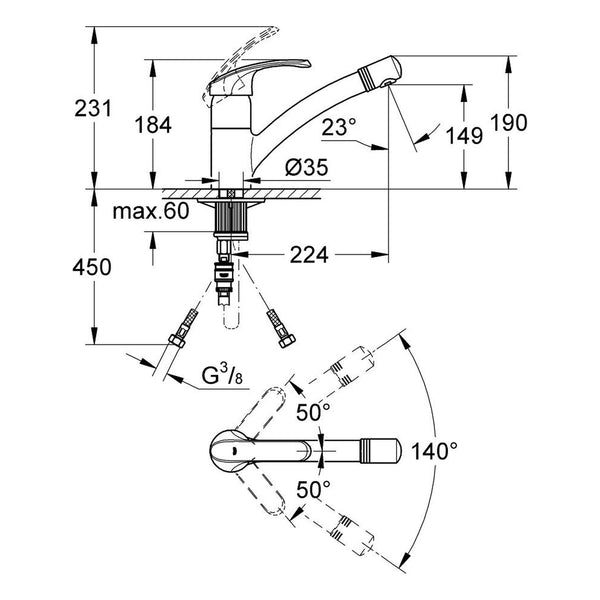Maattekening Grohe Alira keukenmengkraan