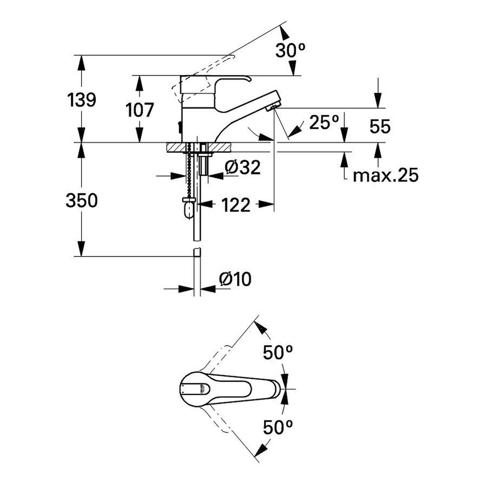 Maattekening Grohe Eurodisc wastafelmengkraan