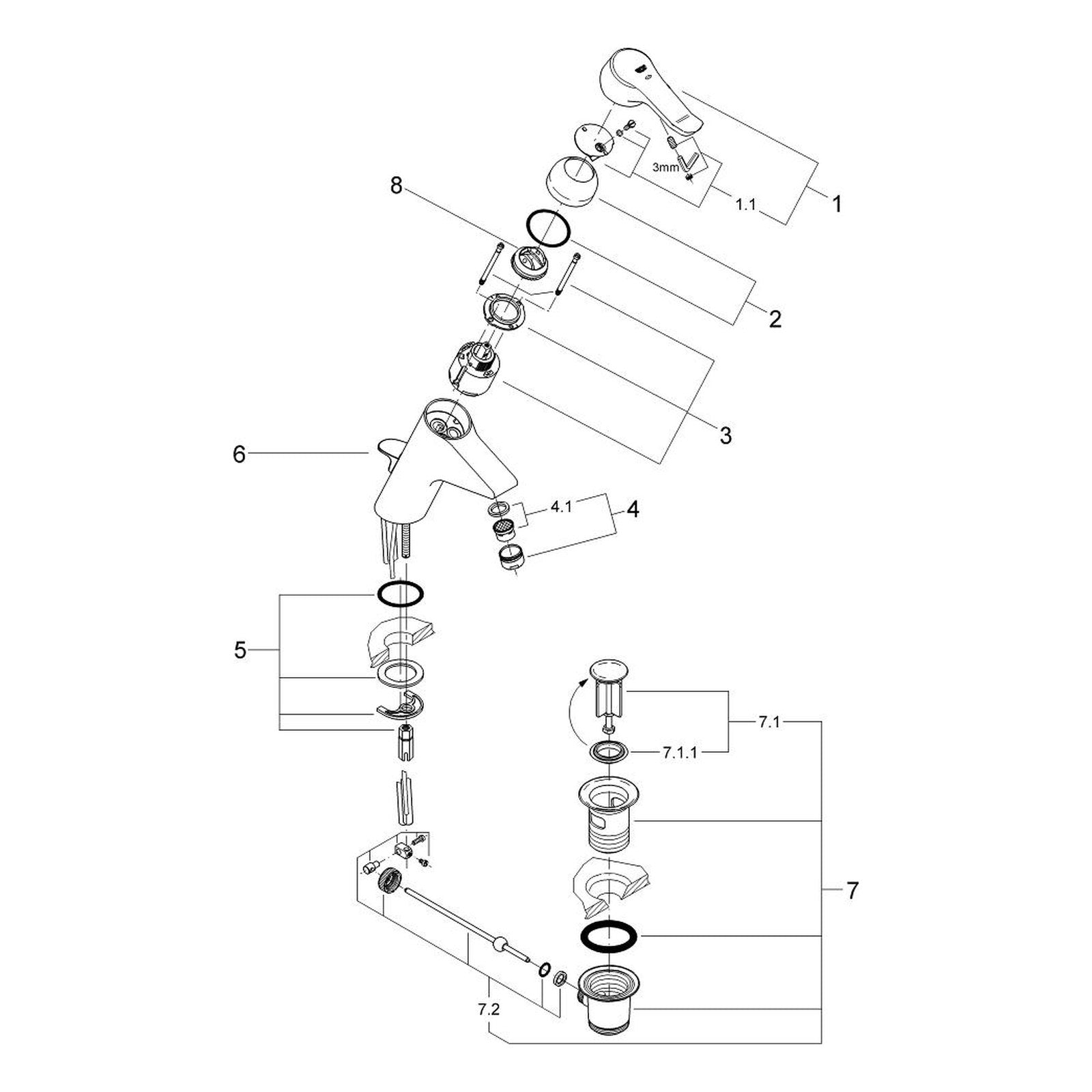 Onderdelentekening Grohe Eurosmart Care wastafelmengkraan 1994–2007