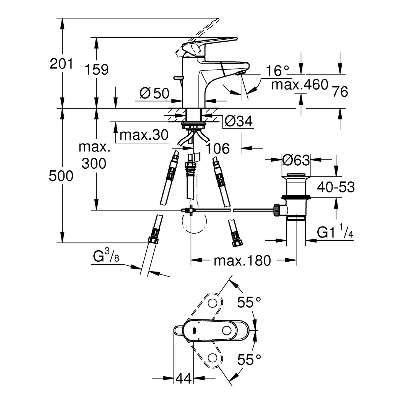 Maattekening Grohe Europlus wastafelmengkraan S-Size