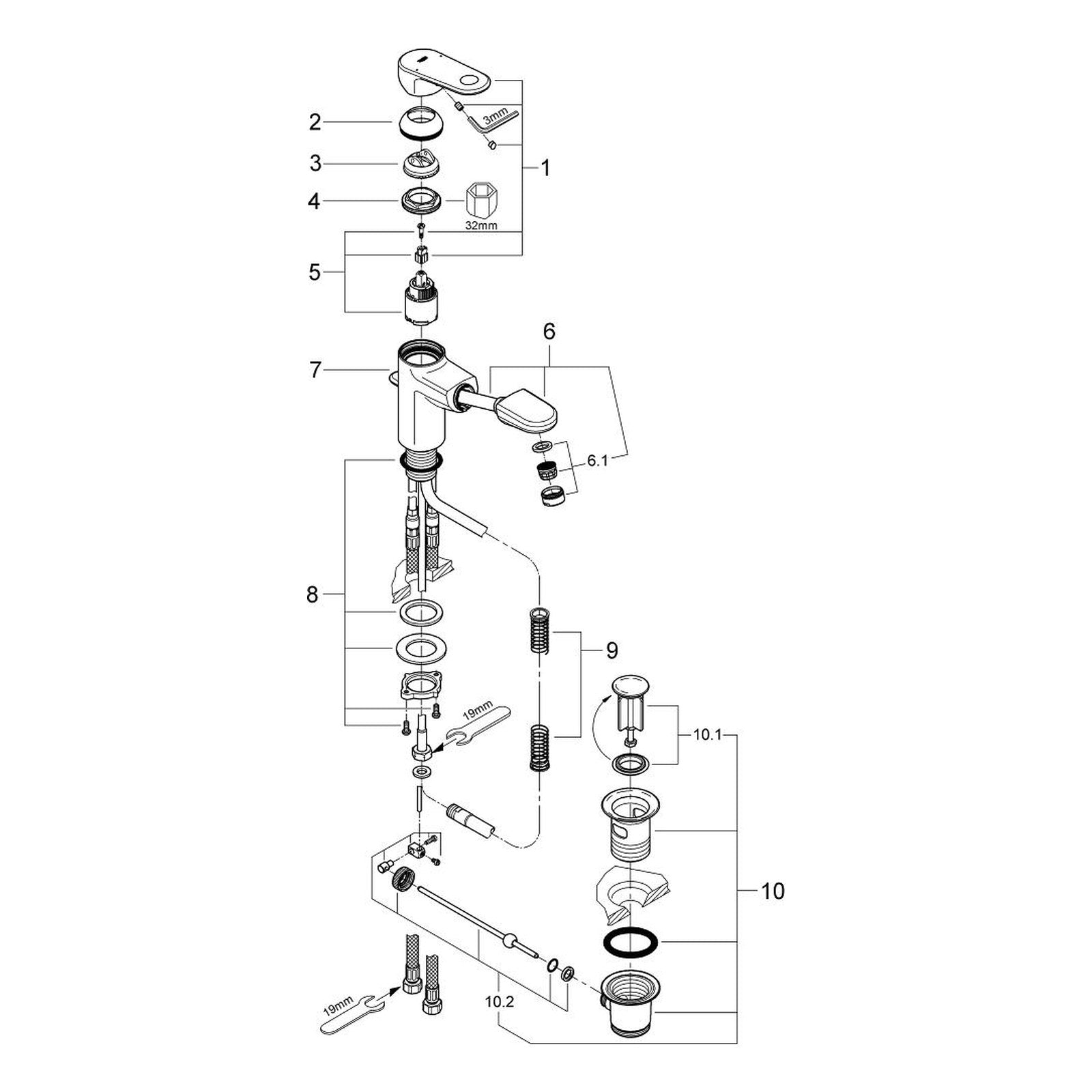 Onderdelentekening Grohe Europlus wastafelmengkraan S-Size 2008–2016