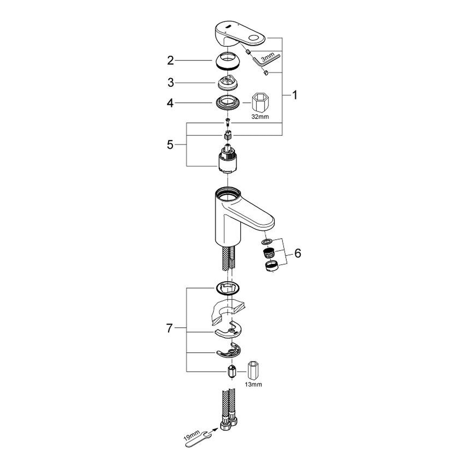 Onderdelentekening Grohe Europlus wastafelmengkraan S-Size 2008–2017