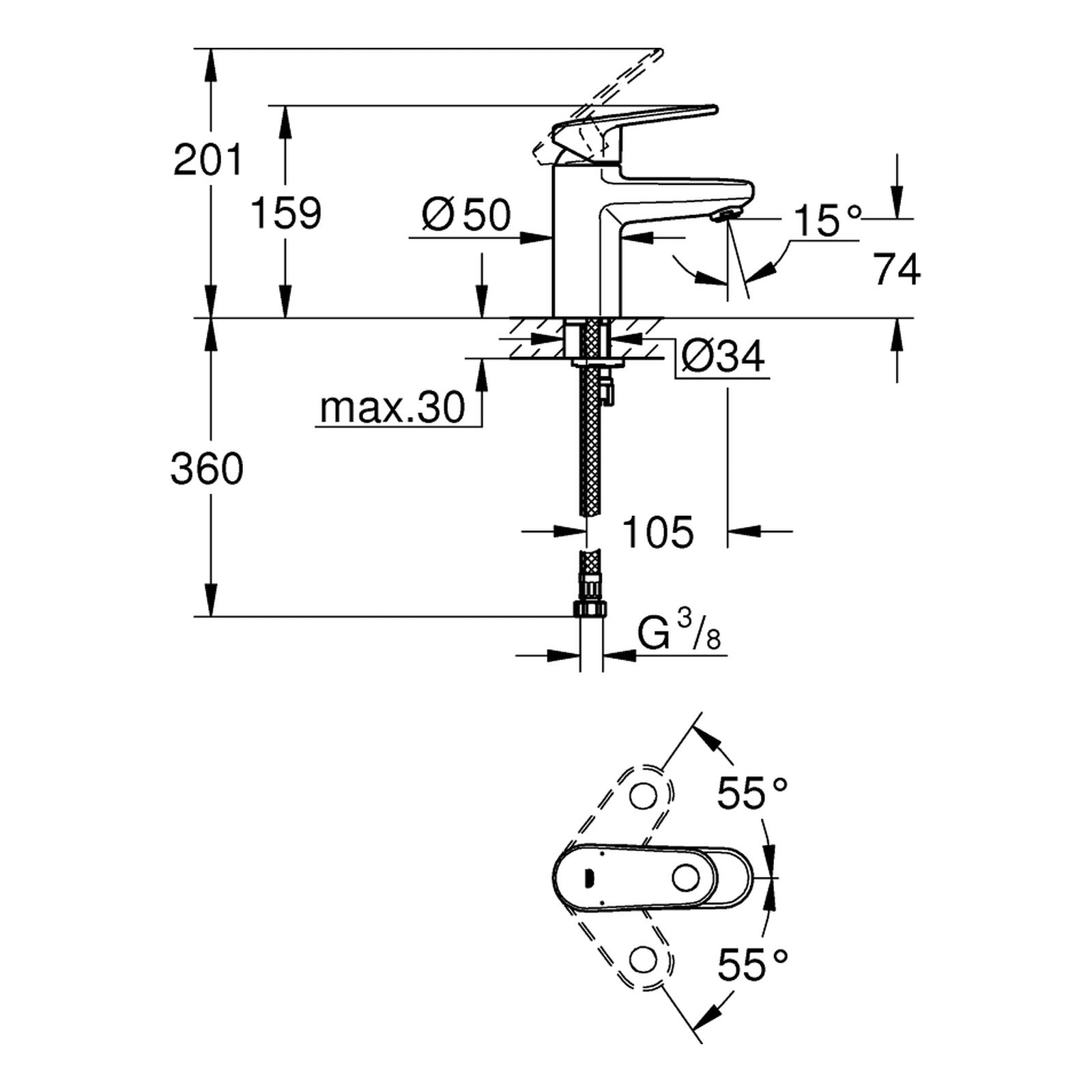 Maattekening Grohe Europlus wastafelmengkraan S-Size