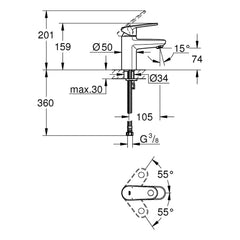 Maattekening Grohe Europlus wastafelmengkraan S-Size