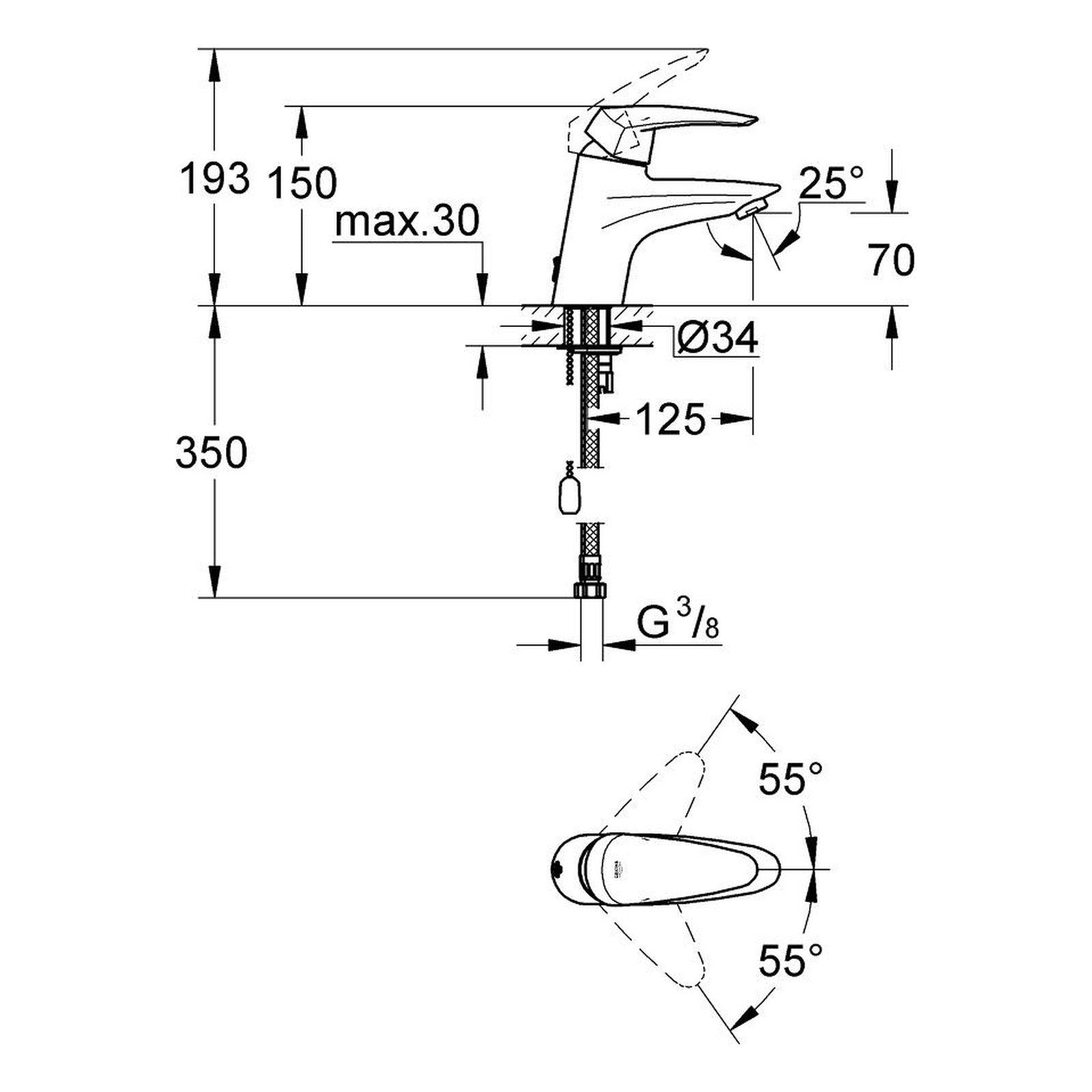 Maattekening Grohe Eurodisc wastafelmengkraan