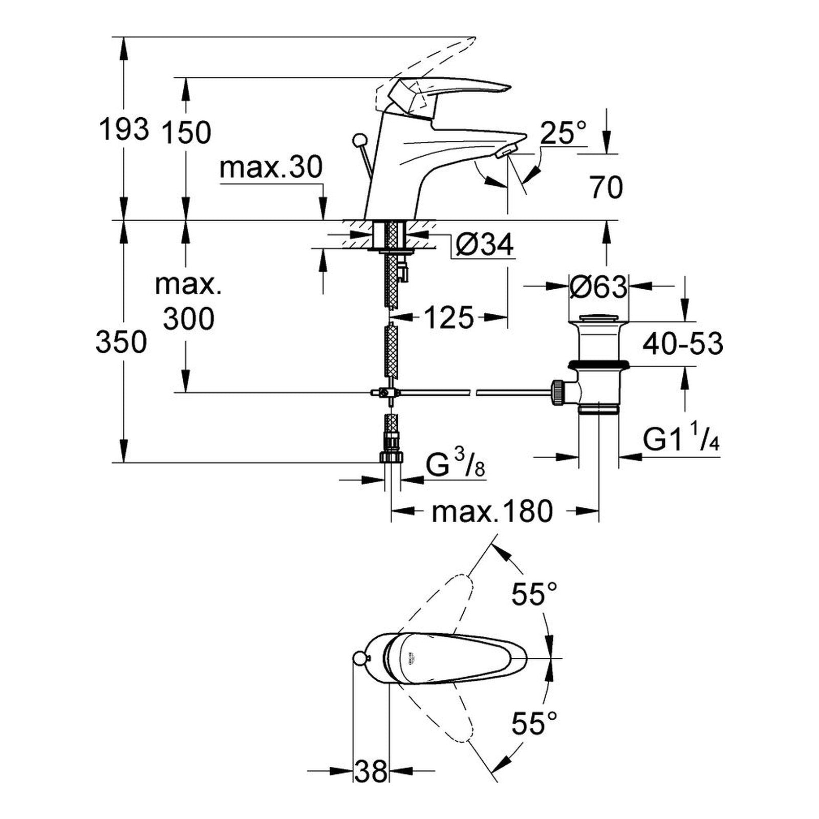 Maattekening Grohe Eurodisc wastafelmengkraan