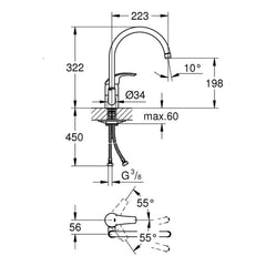 Maattekening Grohe Eurosmart keukenmengkraan