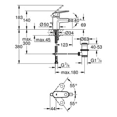 Maattekening Grohe Europlus bidetmengkraan S-Size