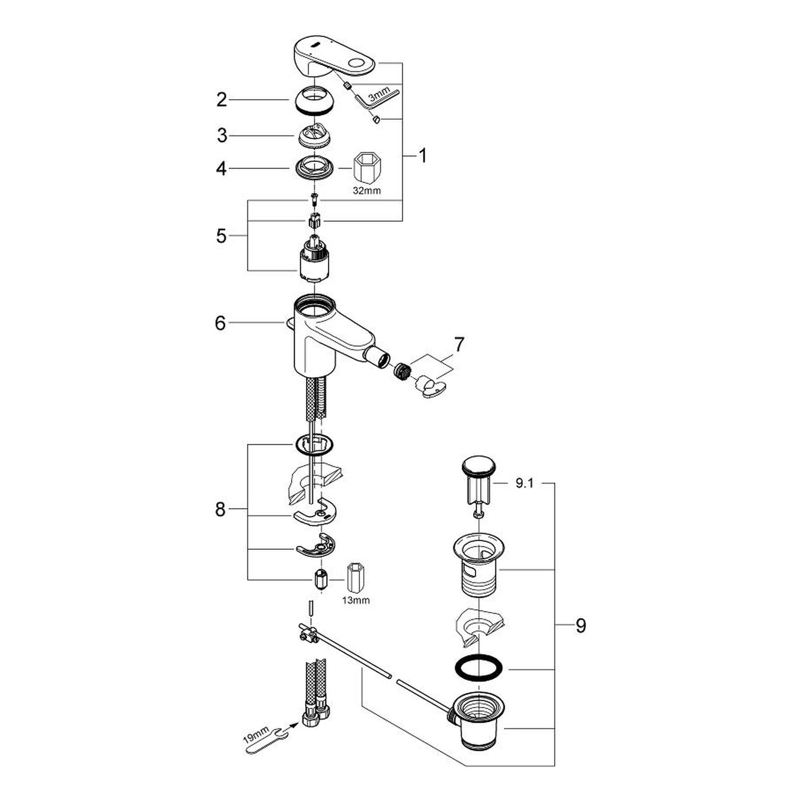 Onderdelentekening Grohe Europlus bidetmengkraan S-Size 2008–2014