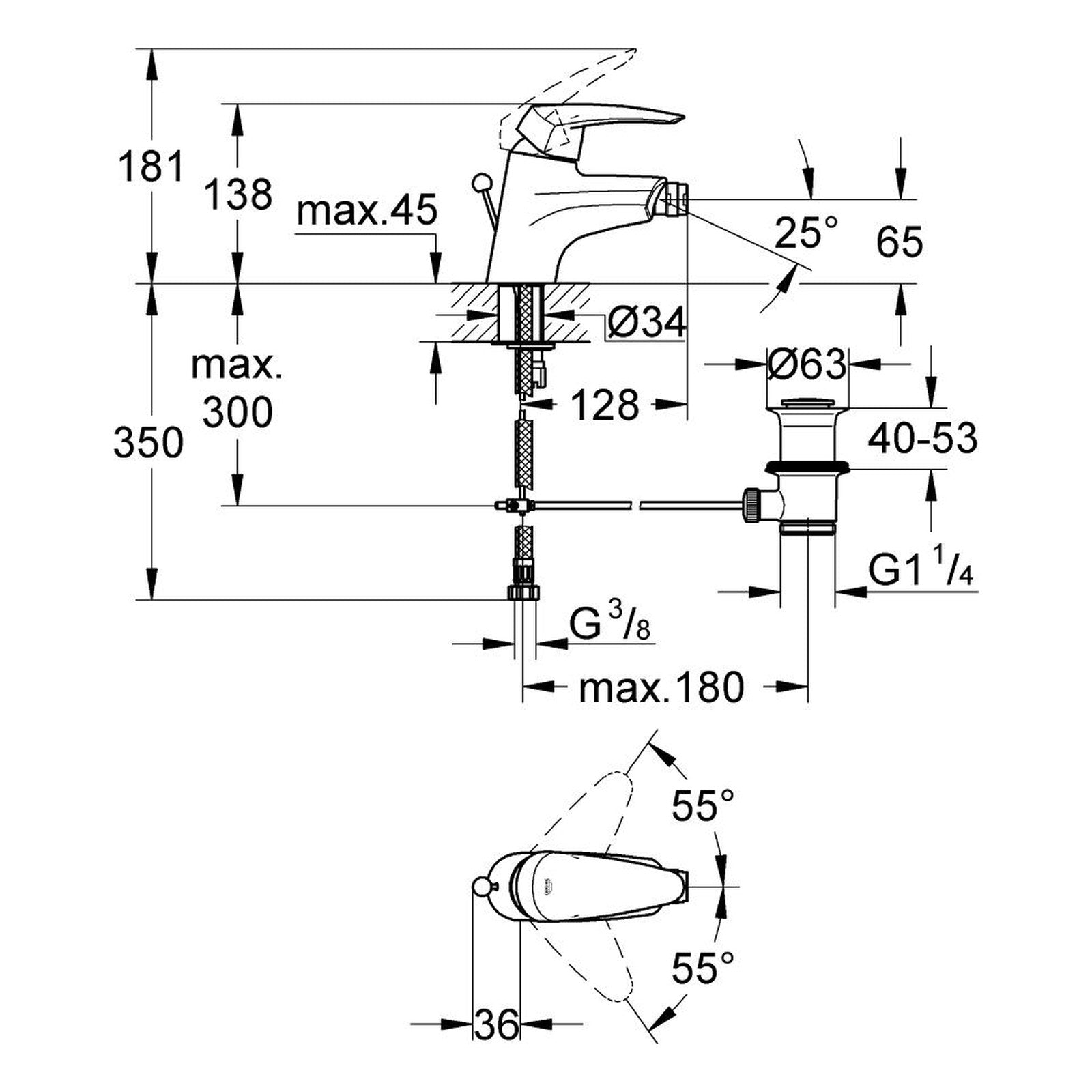 Maattekening Grohe Eurodisc bidetmengkraan