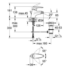 Maattekening Grohe Eurodisc bidetmengkraan