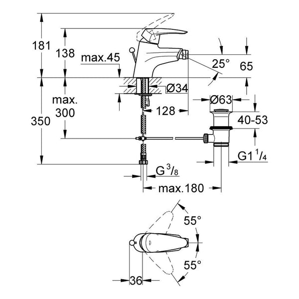 Maattekening Grohe Eurodisc bidetmengkraan