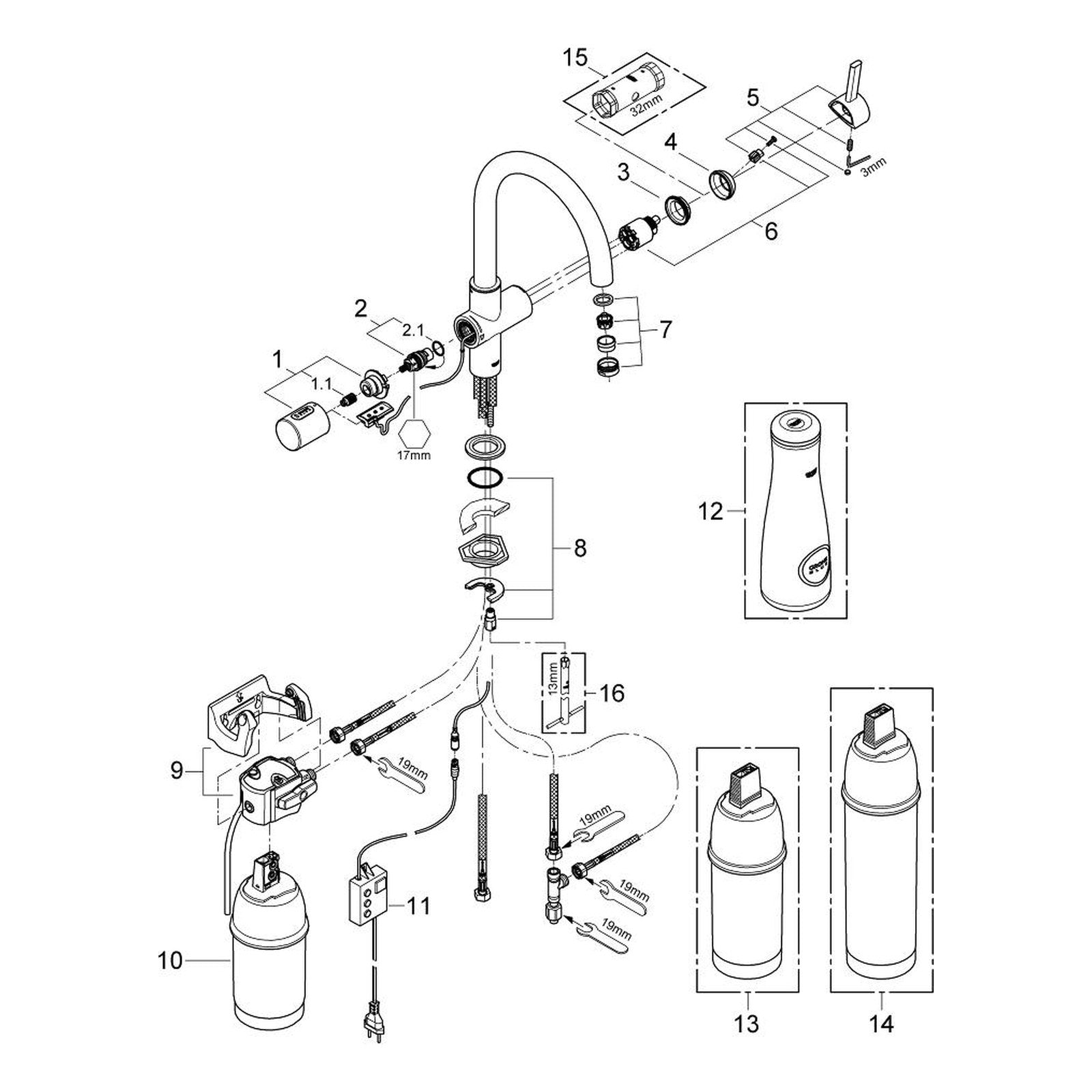 Onderdelentekening Grohe Blue Pure starterkit 2008–2012