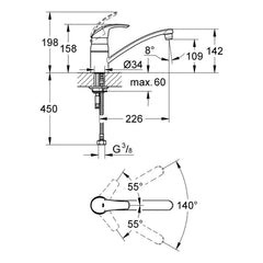 Maattekening Grohe Eurosmart keukenmengkraan