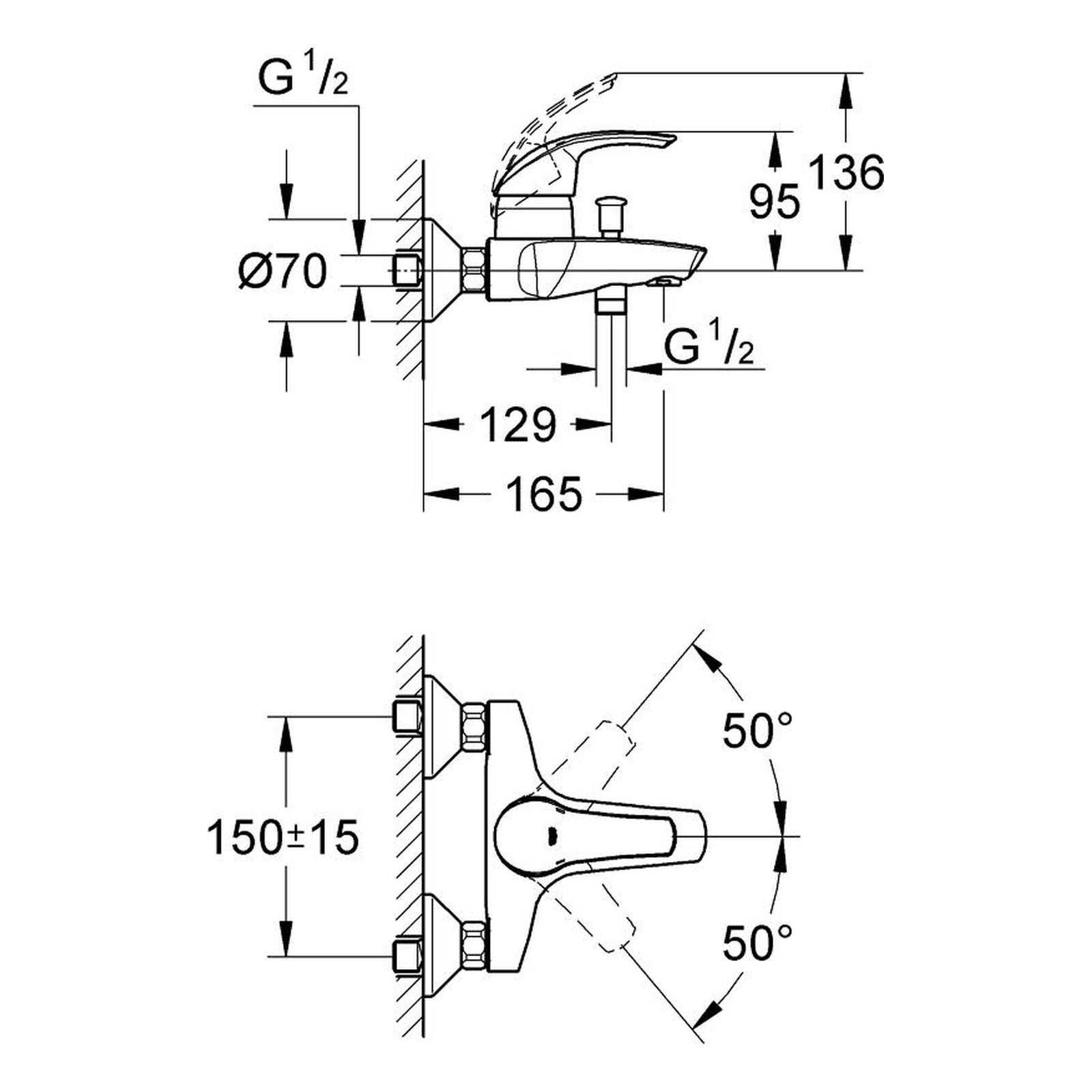 Maattekening Grohe Eurosmart badmengkraan