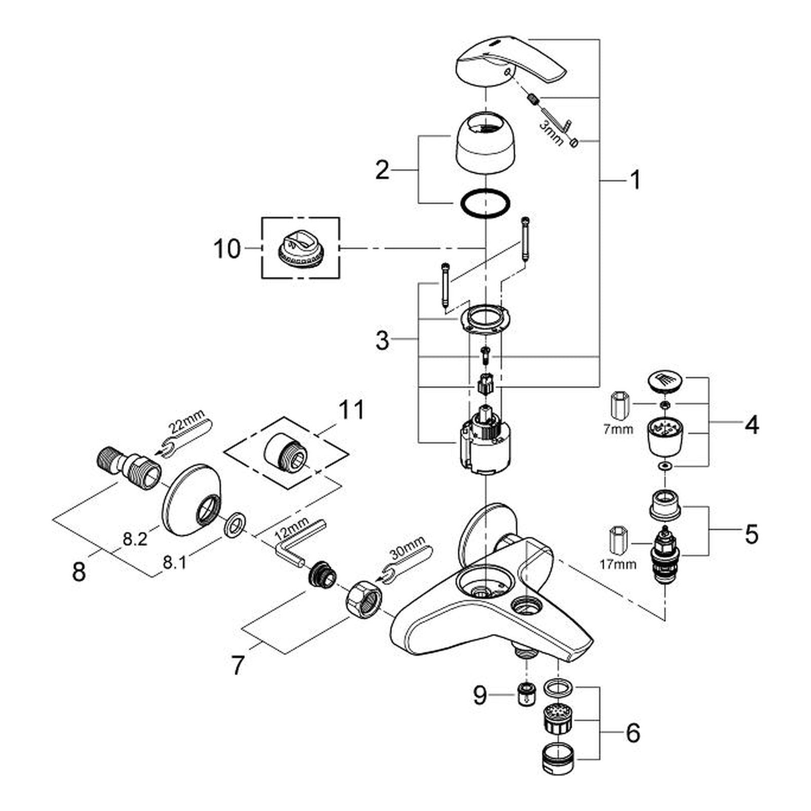 Onderdelentekening Grohe Eurosmart badmengkraan 2005–2007