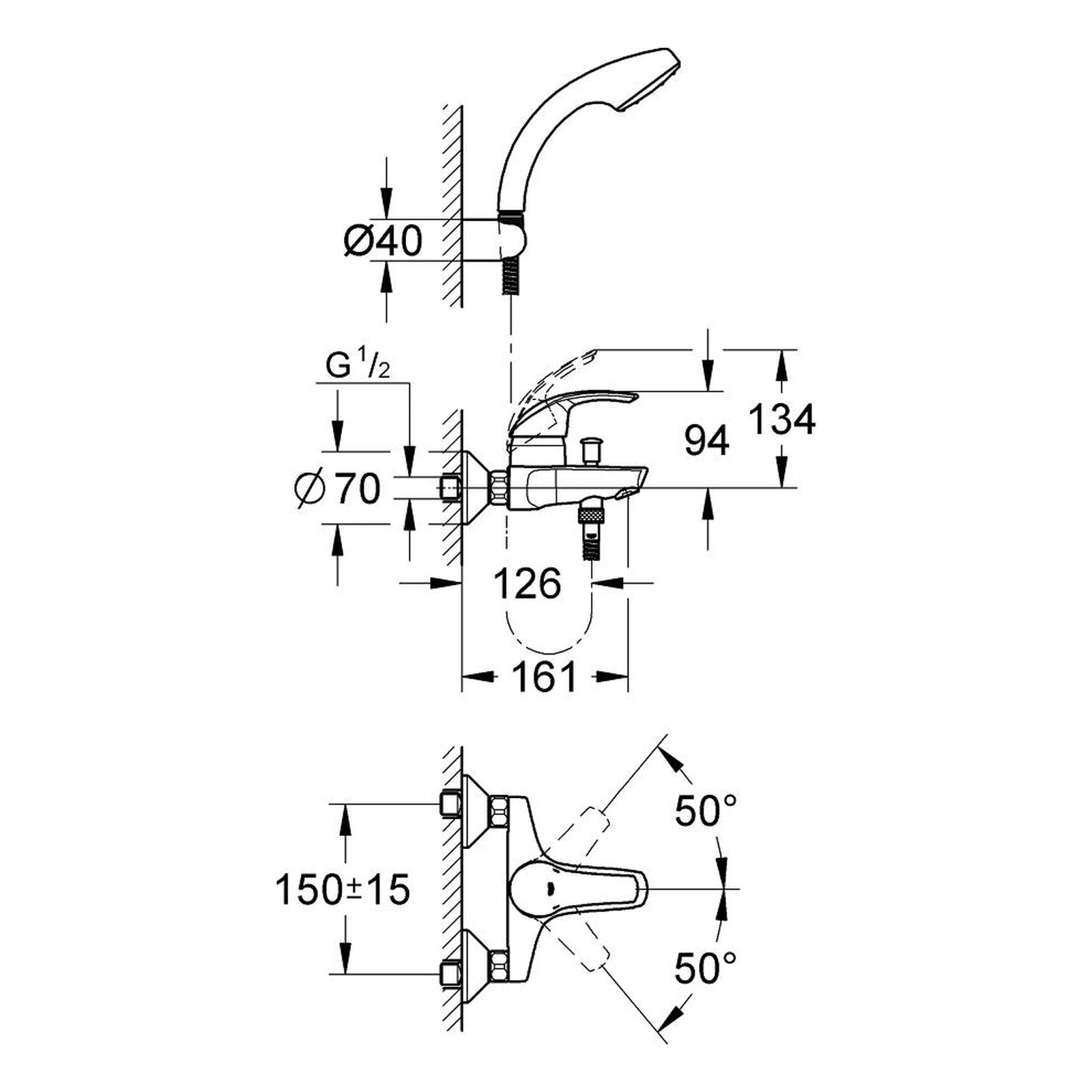 Maattekening Grohe Eurosmart badmengkraan