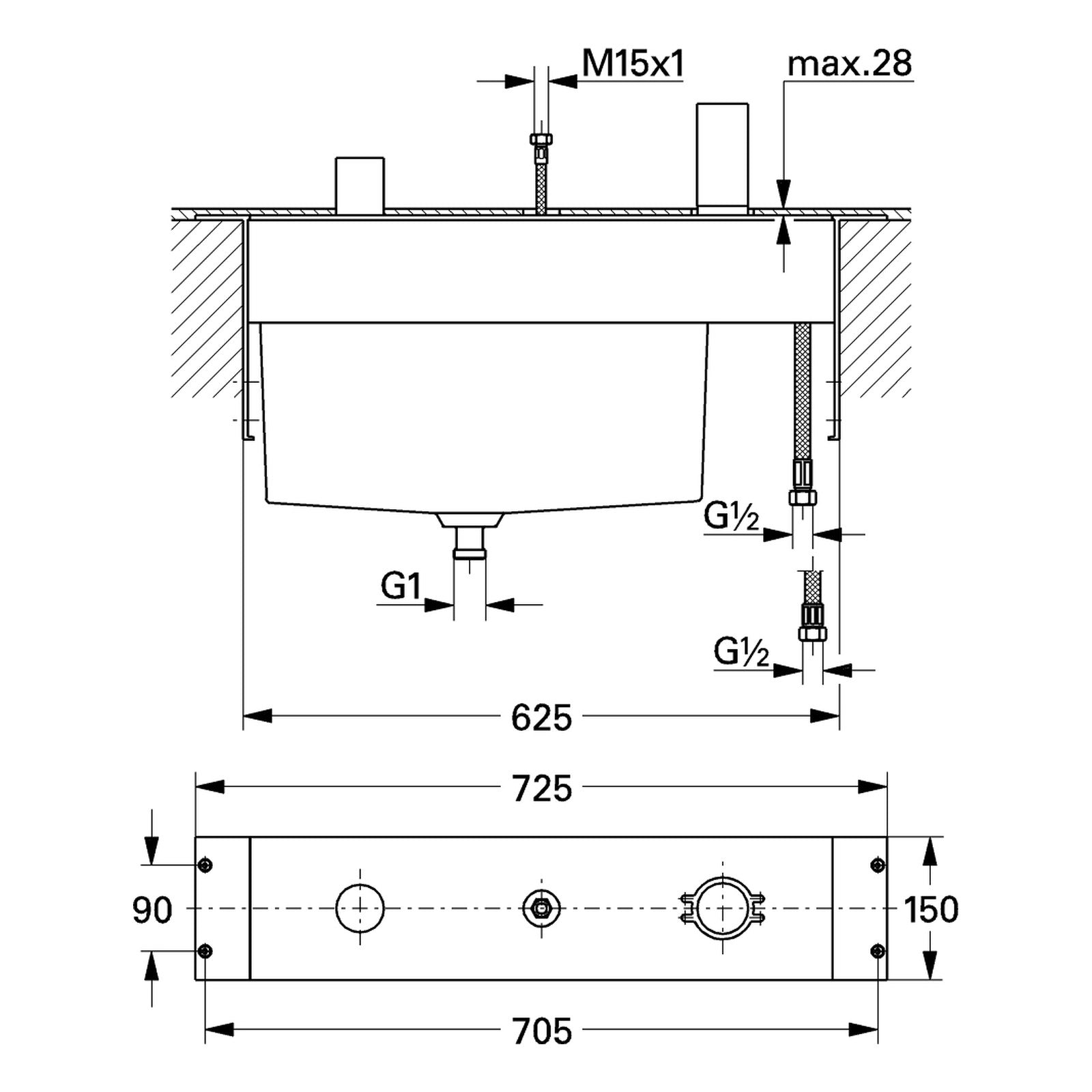 Maattekening Grohe driegats badrandcombinatie