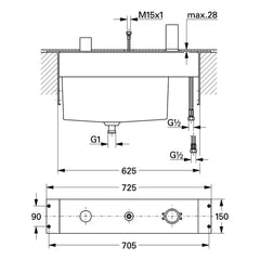 Maattekening Grohe driegats badrandcombinatie