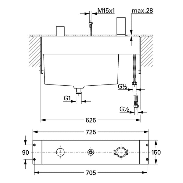 Maattekening Grohe driegats badrandcombinatie