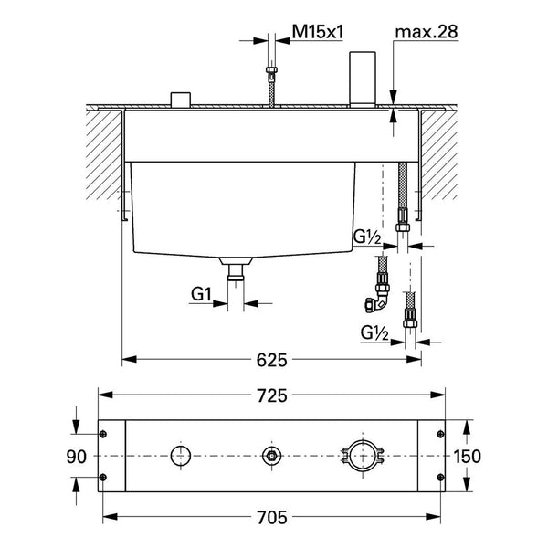 Maattekening Grohe driegats badrandcombinatie