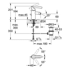 Maattekening Grohe Tenso bidetmengkraan