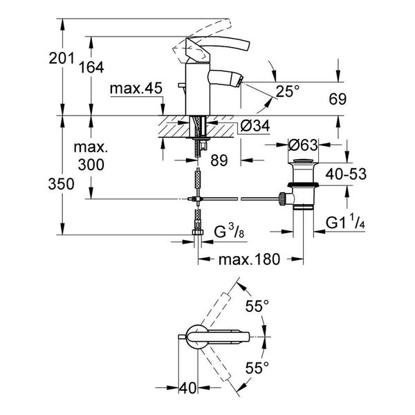 Maattekening Grohe Tenso bidetmengkraan