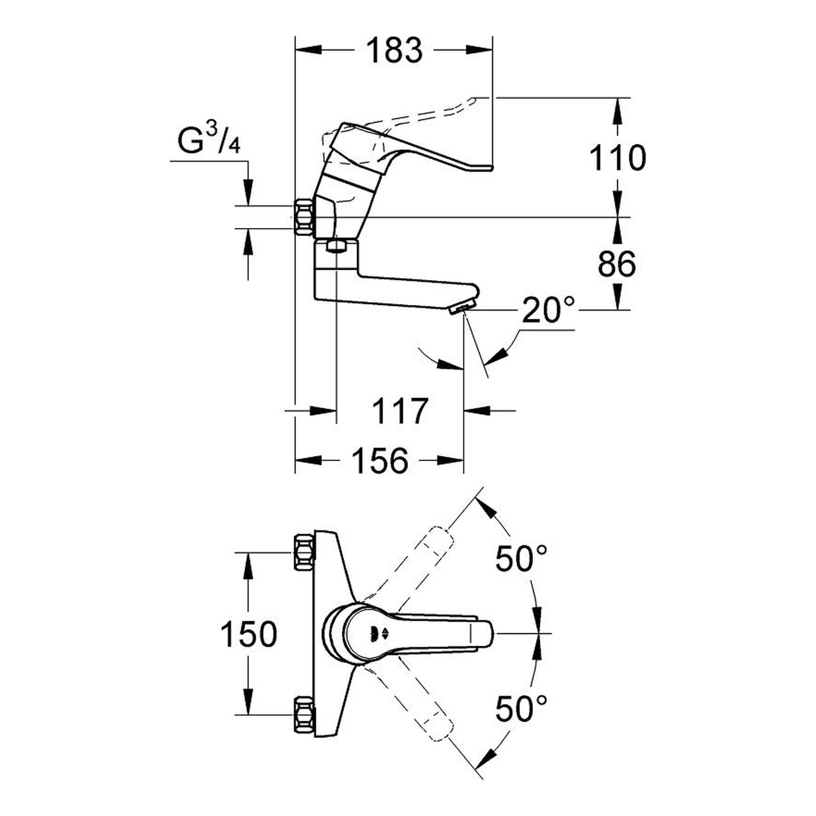 Maattekening Grohe Euroeco wastafelmengkraan
