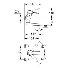 Maattekening Grohe Euroeco wastafelmengkraan