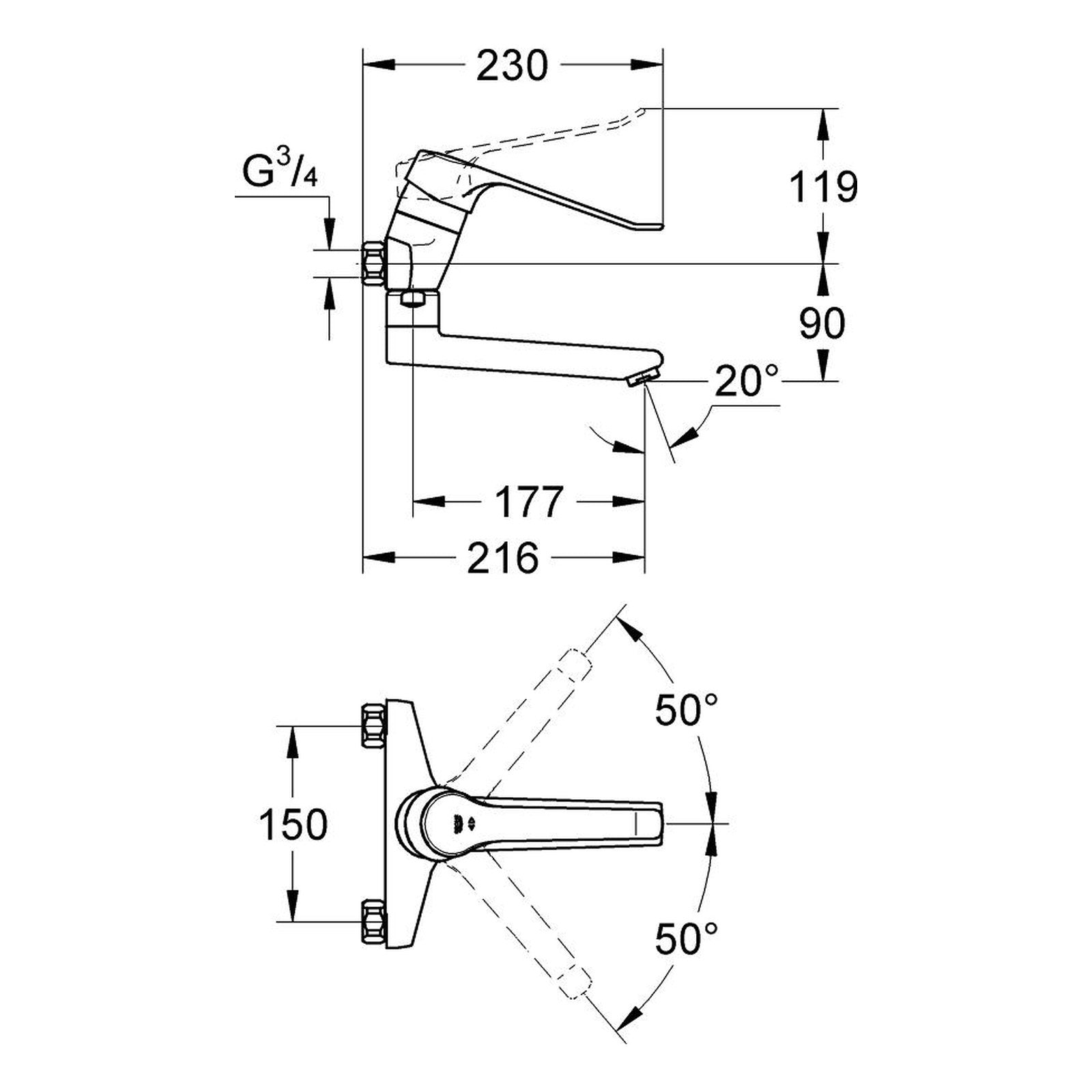 Maattekening Grohe Euroeco wastafelmengkraan