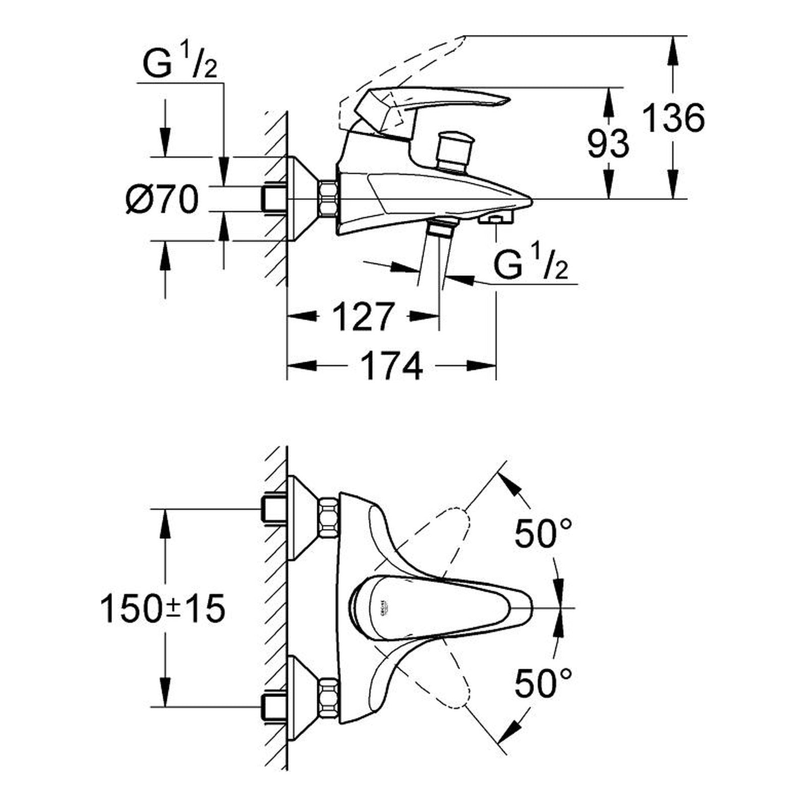Maattekening Grohe Eurodisc badmengkraan