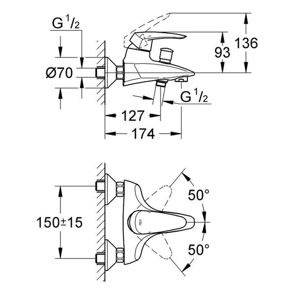 Maattekening Grohe Eurodisc badmengkraan