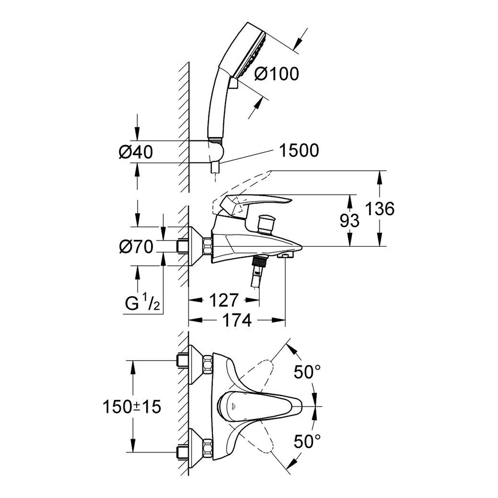 Maattekening Grohe Eurodisc badmengkraan