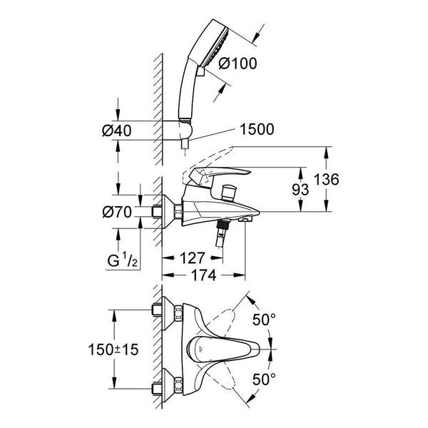 Maattekening Grohe Eurodisc badmengkraan
