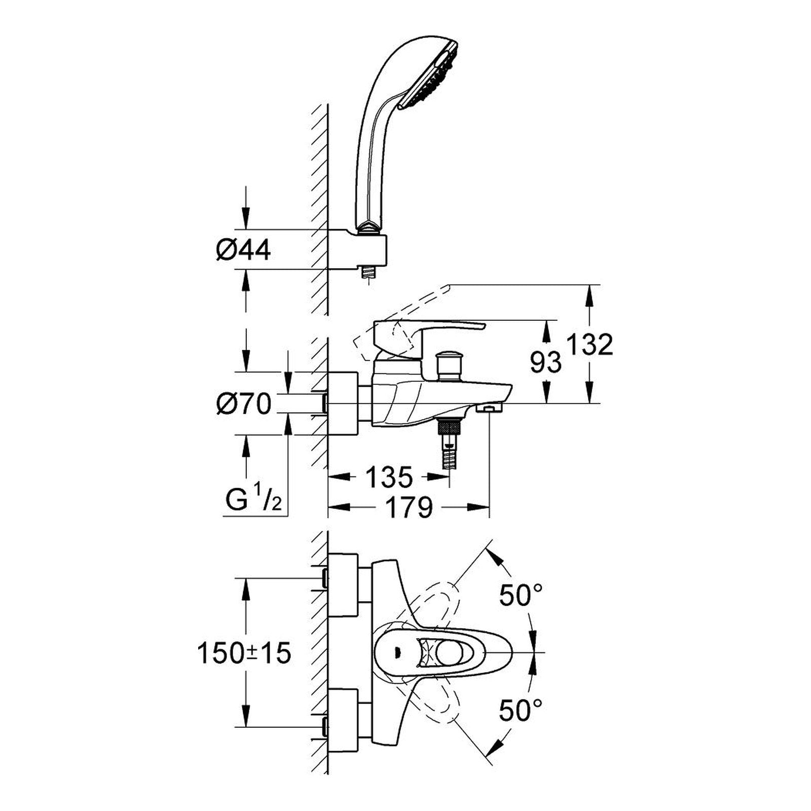 Maattekening Grohe Europlus badmengkraan