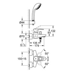 Maattekening Grohe Europlus badmengkraan