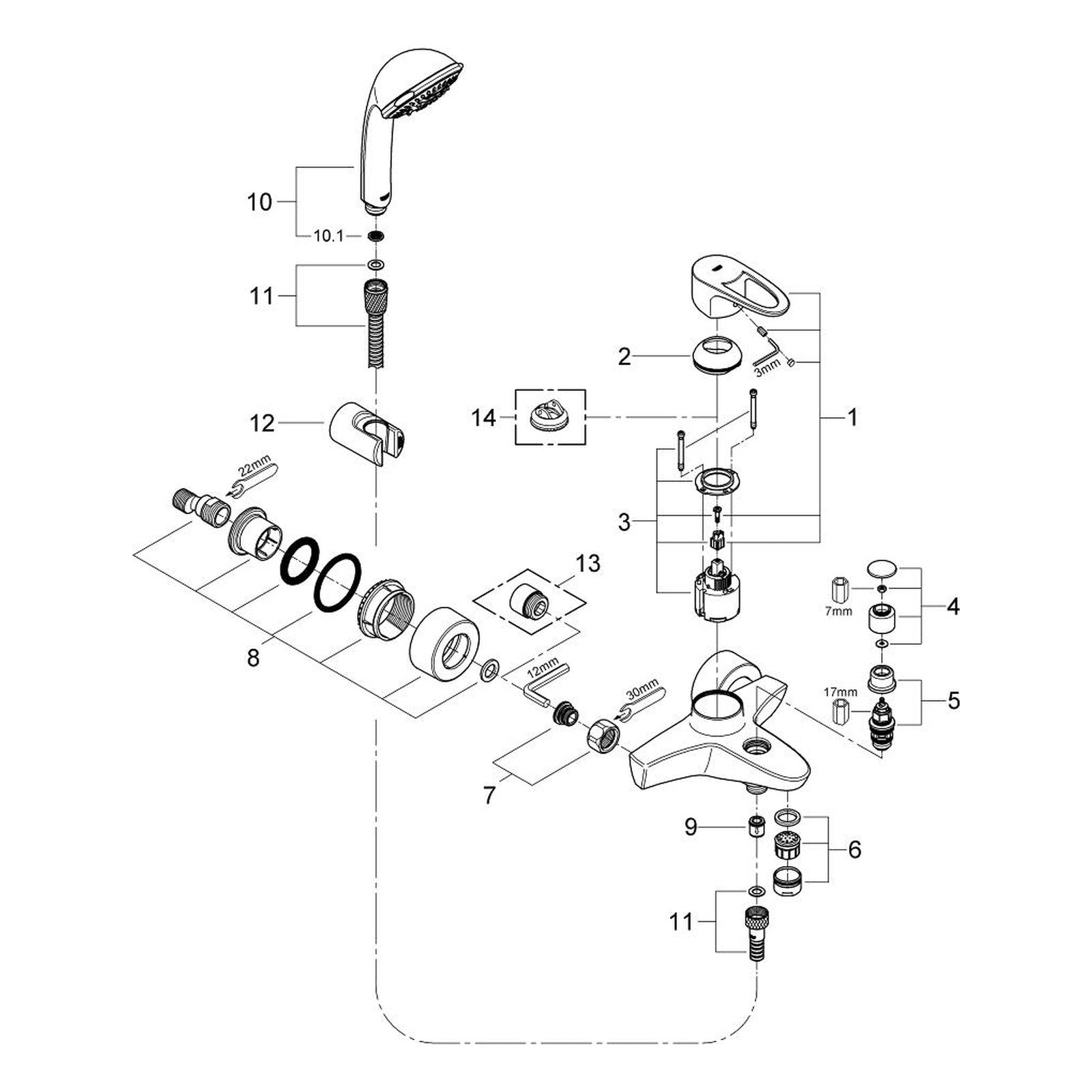Onderdelentekening Grohe Europlus badmengkraan 2005–2007