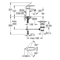 Maattekening Grohe Eurostyle Cosmopolitan wastafelmengkraan S-Size